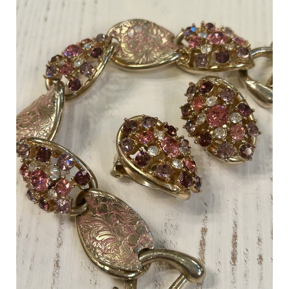 Vintage Rhinestone Enamel Bracelet Earrings Pink Purple Gold Floral Demi Parure